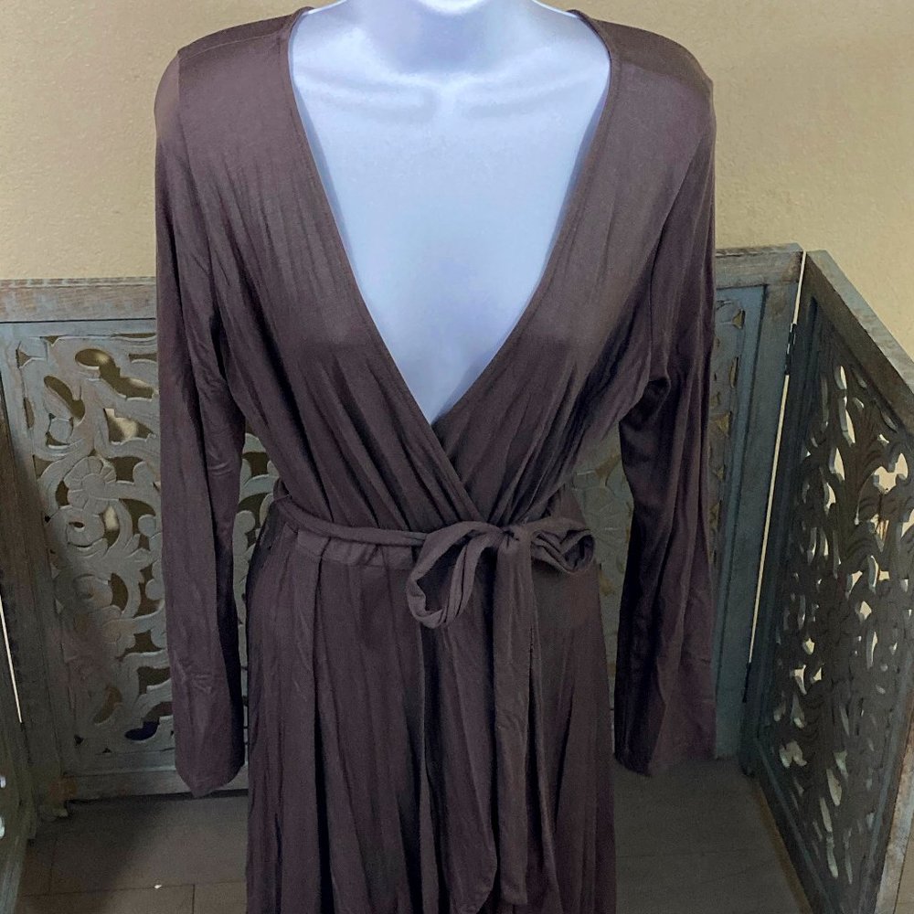 Taupe Long Sleeve Mid-Length Wrap Dress